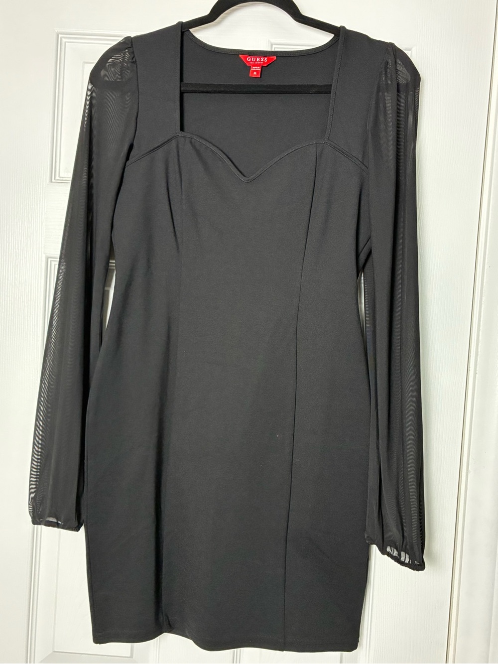 GUESS Black Long-Sleeve Mesh-Sleeve Sweetheart Mini Dress